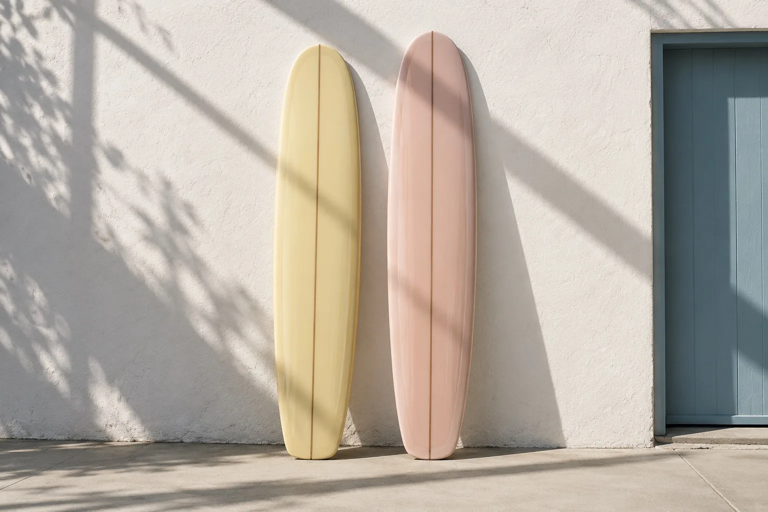 Butter-yellow and blush-pink longboards against a sunlit stucco wall.